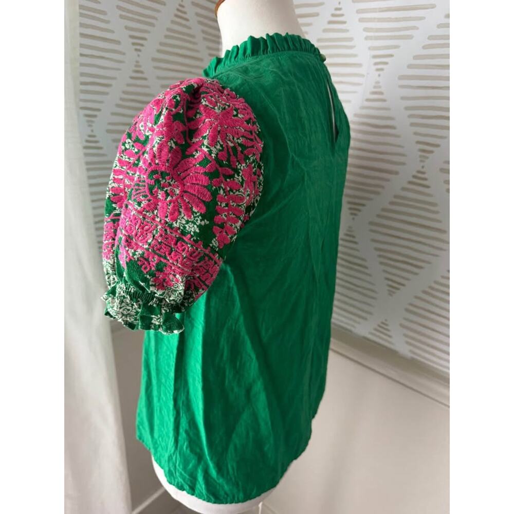 THML Womenms XS Green Mock Neck Blouse Top with Pink Embroidered Puff Sleeves - Picture 3 of 7